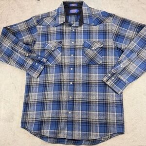 🔥 Vintage Pendleton Western Snap Shirt Wool Blue Gray Plaid USA Fabric 90’s L.